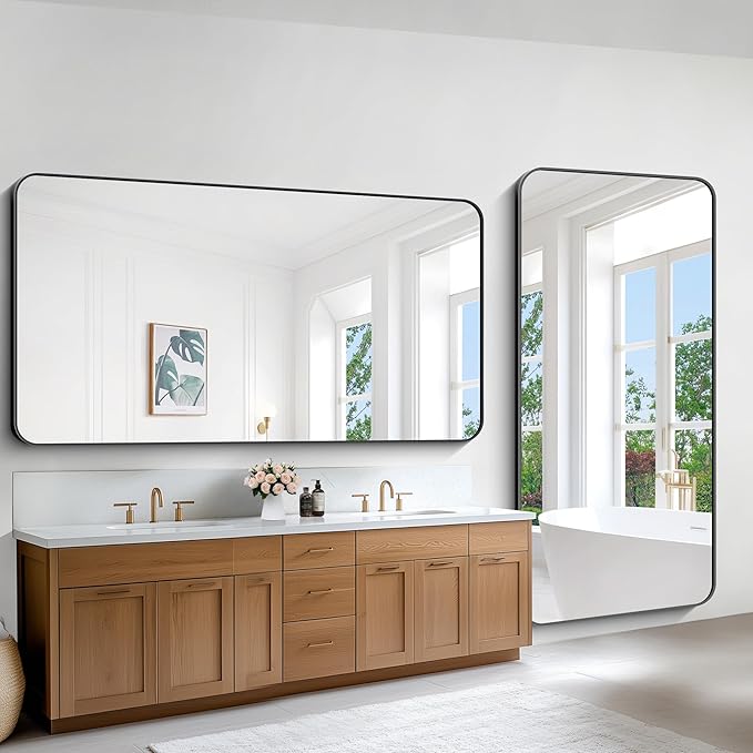 Large Bathroom Mirror 72x36 inch, Black Rectangle Mirrors with Metal Frame, Rounded Corner Rectangular Mirror for Bathroom, Oversized Wall Mounted Mirror for Over Sinks Living Room Bedroom