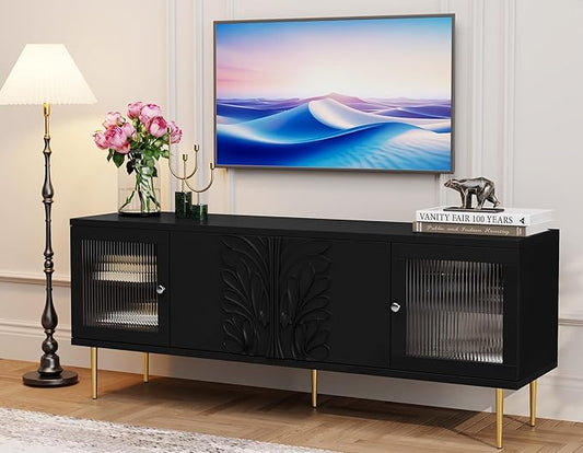 TV Stand for TVs up to 75", Mid Century Modern TV Console with 3D Flower Pattern, Wood Entertainment Center with 2 Fluted Glass Doors, Media Console Table with Storage for Living Room, Black