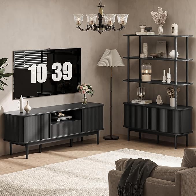 63" Black TV Stand, Fluted Entertainment Center for TVs up to 70'', Modern TV Stand with Storage, Entertainment Center with Sliding Doors, Wood Media Console for Bedroom, Living Room