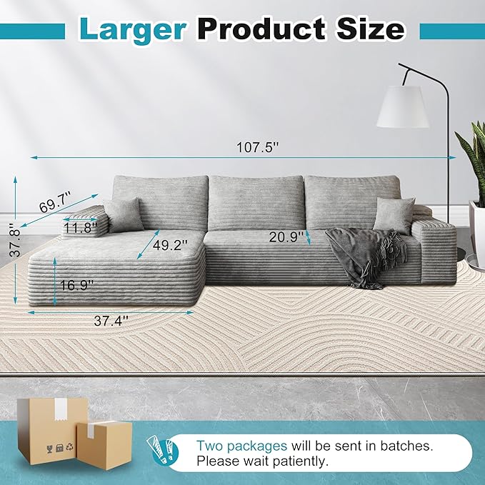 Sectional Couches for Living Room 112" L-Shape Cloud Couch Modern Modular Sectional Sofa Bad, Boneless Couch with Left Deep Seat, No Assembly Required (Plush Corduroy Fabric, Grey)