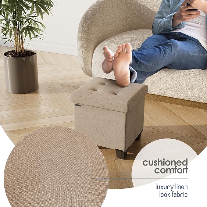 STORAGEBUD Storage Ottoman Cube with Small Bin, 16-in Square Ottoman with Storage for Living Room and Bedroom, Small Ottomans Foot Rest, Fabric Foot Stools Ottomans Max 330lbs, Taupe