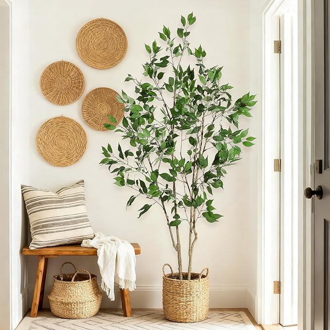 6FT Ficus Trees Artificial Indoor, Faux Silk Plant with Natural Wood Trunk and Lifelike Fruits, White Imitation Ceramic Planter with Green Fake Moss for Modern Home Office Living Room Decor