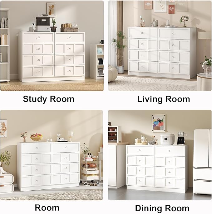 8 Drawer Dresser for Bedroom: 47" Fluted White Dresser Deep Drawers, Modern Chest of Drawers for Bedroom, Fluted Wood Dressers for Living Room, Hallway