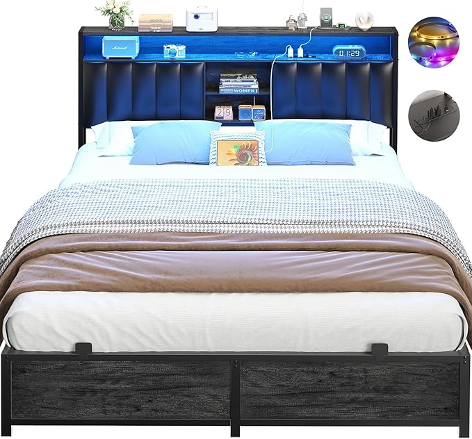 Aheaplus Queen Size Bed Frame with Charging Station & Led Lights, Platform Bed with Leather Upholstered Headboard and Storage, Metal Slats Support No Box Spring Needed, Noise-Free,-B6, Black Oak