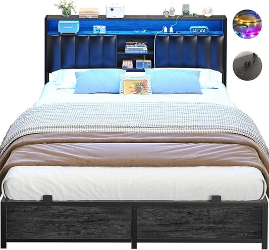 Aheaplus Queen Size Bed Frame with Charging Station & Led Lights, Platform Bed with Leather Upholstered Headboard and Storage, Metal Slats Support No Box Spring Needed, Noise-Free,-B6, Black Oak