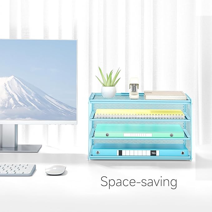 Lavatino 3-Tier Letter Tray Desk Paper Organizer – Blue Mesh Metal File Tray Organizer for Desk, Office Supplies & Home Organization | Fits A4/Letter Paper, Mail, Magazines and Office Accessories