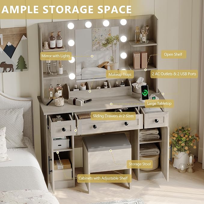 Vanity Makeup Desk with Mirror and Lights, Farmhouse Vanity Table Set with Storage Drawers, Charging Station & Chair, 43" Large Rustic Dressing Table, 3 Lighting Modes for Women Girls Bedroom, Grey