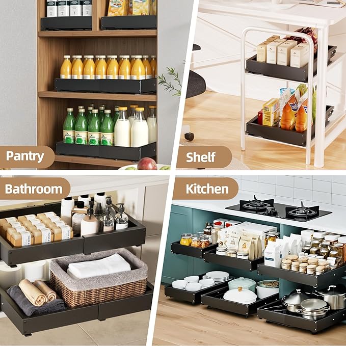 Expandable Pull Out Cabinet Organizer, Adjustable Width 12"-19" & Depth 16.5"-22", 4-Side Extension, 5 Slide Rails for Heavy Duty Use, Adhesive Roll Out Shelves for Kitchen Cabinets, Black 1PCS