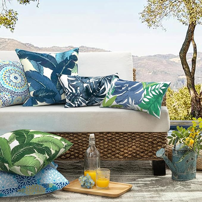 Pack of 2 Patio Throw Pillow Covers ONLY, Water Repellent Cushion Cases 20x20 Inch, Square Pillowcases for Outdoor Couch Decoration, Swaying Palms Green