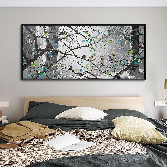 YCPRIMER Grey Wall Art Bird on Branch Misty Forest Canvas Artwork Modern Framed Canvas Painting Decorative Wall Art Home Decor Can Be Hung Directly Dining Room Living Room Bedroom Office Size 70x31 Inches