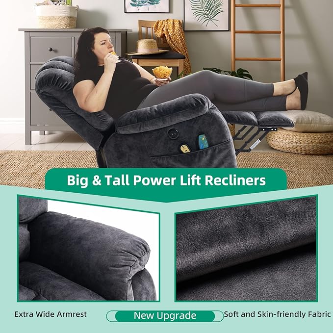 VIVIJASON Large Power Lift Chair Electric Recliner Chair with Heat & Massage for Elderly Big People, Overstuffed Wide Electric Recliner with 2 Remote Controls, Side Pockets & USB Ports, Dark Gray