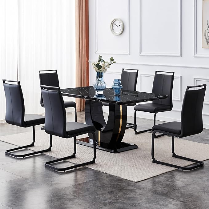 Dining Table Set for 6, Kitchen Table Chairs Set of 6, Modern Dining Room Set with 63 inch Marble Dinner Table PU Leather Upholstered Chairs for Dining Room Kitchen