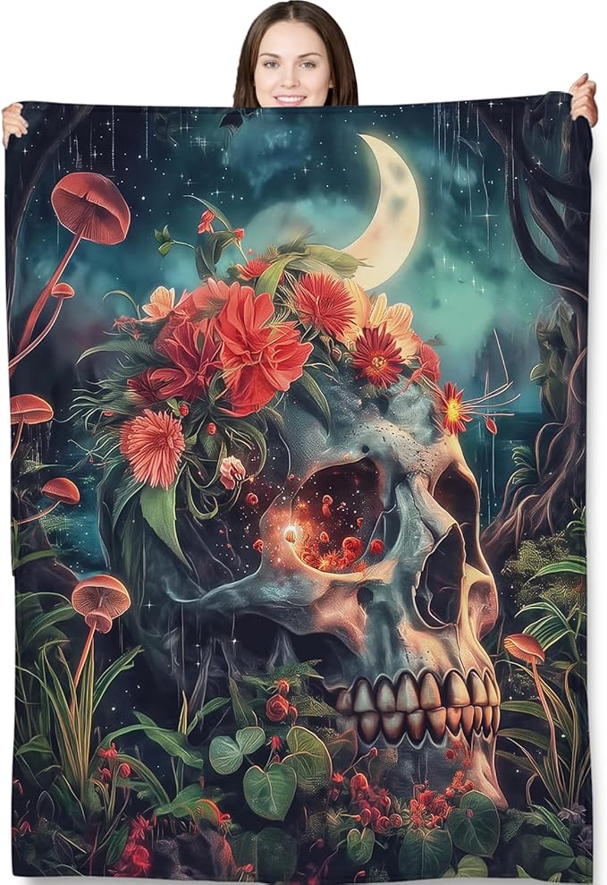 Gothic Floral Skull Blanket Gifts for Adults and Kids Halloween Throw Blankets for Bed Room Couch Soft Lightweight Warm Cozy Throws Decor 50x60in