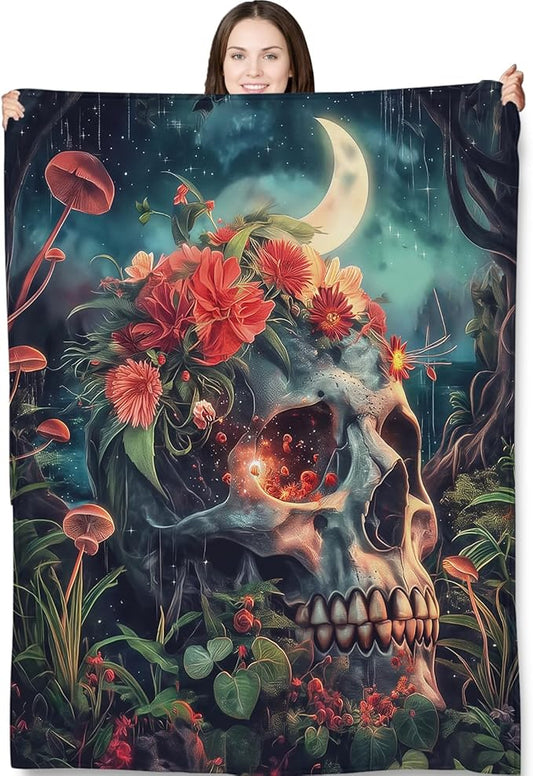 Gothic Floral Skull Blanket Gifts for Adults and Kids Halloween Throw Blankets for Bed Room Couch Soft Lightweight Warm Cozy Throws Decor 50x60in