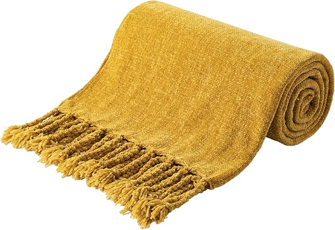 BATTILO HOME Mustard Yellow Throw Blanket for Couch Bed Sofa, Yellow Gold Chenille Throw for Spring Summer, Lightweight Knit Blanket for Home Decor, 50"x60"