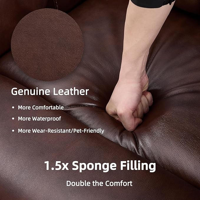 Phoenix Home Genuine Leather Power Lift Recliner Chair for Elderly with Massage and Heating, Electric Recliner for Seniors with Extended Footrest, Type-C and USB Port, Side Pocket, Brown