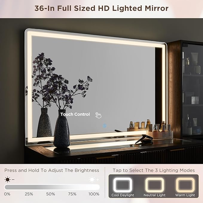 T4TREAM Fluted Makeup Vanity Desk with 36" HD Lighted Mirror, 48" Big Modern Vanity Desk with Mirror and Lights, Dressing Table with 5 Drawers & Shelves, Glass Top for Bedroom (Dark Walnut)