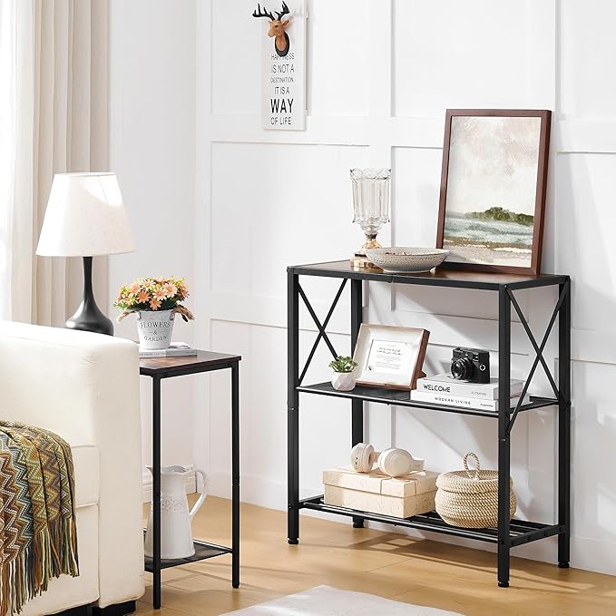 Hoctieon Industrial Console Table, 3-Tier Entryway Tables, Metal Frame, Sofa Table with Shelf, Hallway Tables, Entrance Desk for Entryway, Living Room, Foyer, Hallway, Rustic Brown&Black