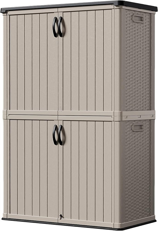 Devoko Outdoor Storage Cabinet 50 Cu Ft with Lockable Doors, Vertical Storage Shed Waterproof Patio Tools Storage Box for Sofa Cushions, Gardening Tools and Accessories (Beige)