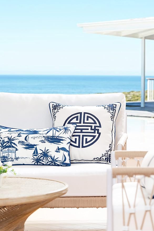 Hofdeco Premium Coastal Hampton Style Patio Indoor Outdoor Lumbar Pillow Cover Only, 12"x20" Water Resistant for Backyard, Couch, Navy Blue Beach Scene