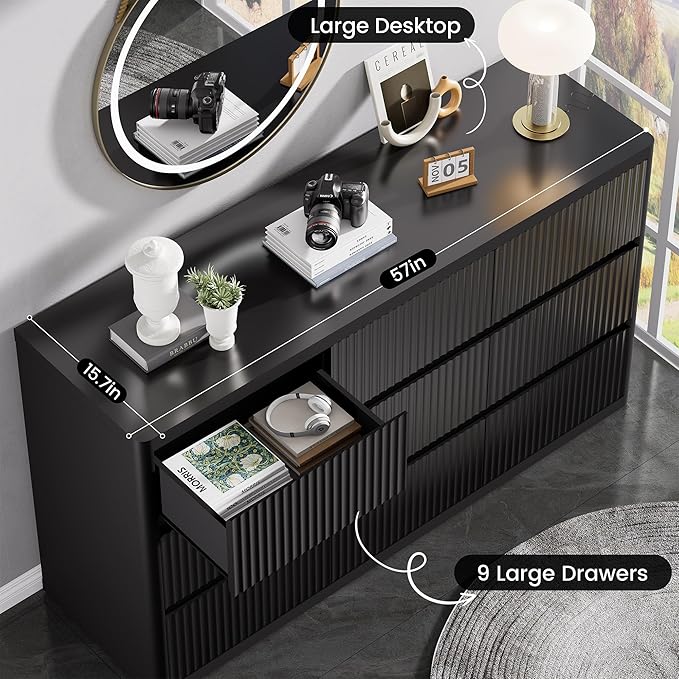 Fluted 9 Drawers Dresser, Wooden Dresser for Bedroom, Curved Profile Design, 57" Wide Modern Chest of Drawers with Texture, Large Dressers TV Stand with Organizer, Black