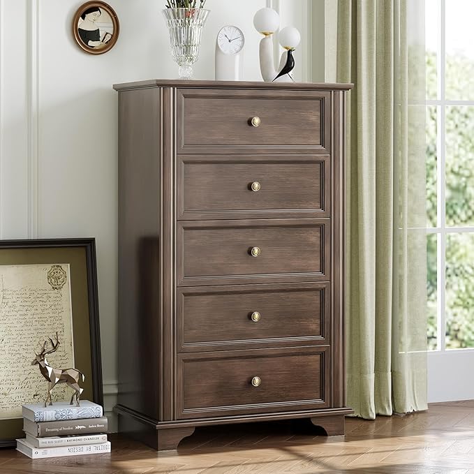 VINGLI 47" Tall Dresser 5 Drawer Chest of Drawers, Wood Dresser for Bedroom, Brown Chest Dressers Wooden