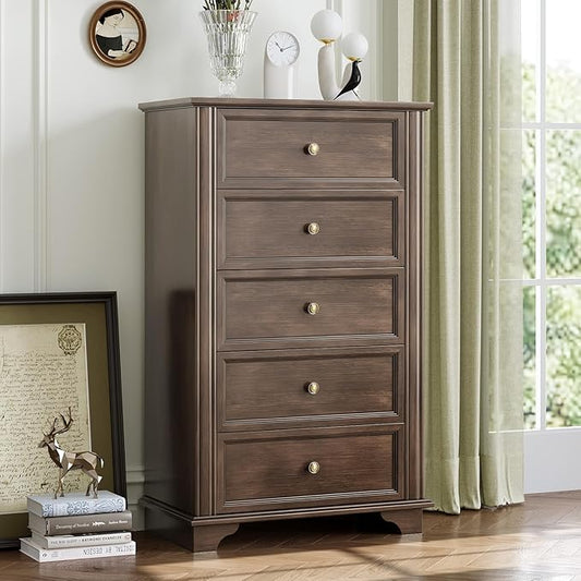 VINGLI 47" Tall Dresser 5 Drawer Chest of Drawers, Wood Dresser for Bedroom, Brown Chest Dressers Wooden