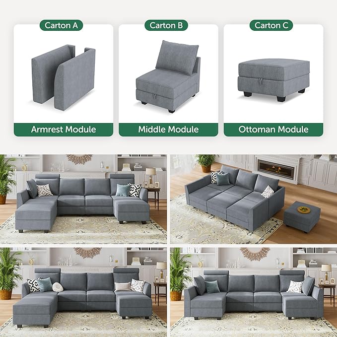 HONBAY Modular Sectional Sleeper Sofa with Storage U-Shape Modular Sectional Sofa with Ottomans Sleeper Sectional Couch for Living Room, Bluish Grey