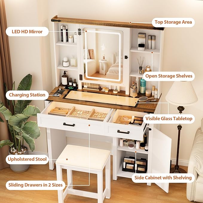 Makeup Vanity, Farmhouse Vanity with Mirror & Generous Clear Glass Countertop, 40'' Intelligent Makeup Desk with Multi-Functional Charging Station & Human Body Sensing LED Lights, White