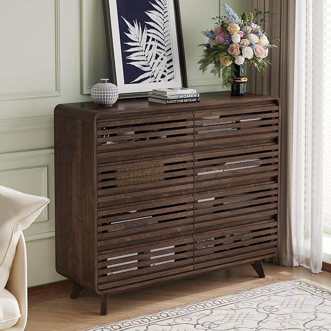 Fluted Dresser for Bedroom, Wide 8 Drawers Dresser, Chests of Drawers with Grille & Curved Design, Dressers Slides Pre-Installed, Large Wood Drawer Organizer for Bedroom Hallway, Dark Walnut