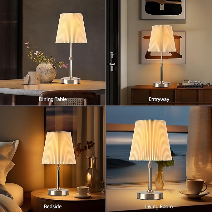 Cordless Table Lamp, 2700K Stepless Dimmable Wireless Touch Lamp with 2 Bulbs, 5200mAh Rechargeable Battery Operated Lamps for Living Room, Kitchen, Bedside, Dining Room, Bar(Silver)