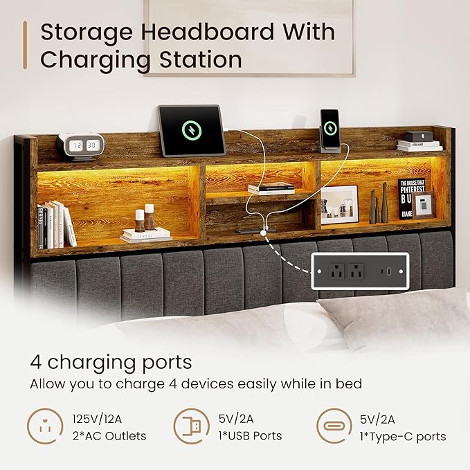 King Bed Frame with 6 Storage Drawers, Linen Upholstered Headboard, Built-in USB Charging Station & LED Lighting, Silent Metal Support, No Box Spring Needed, Vintage Brown