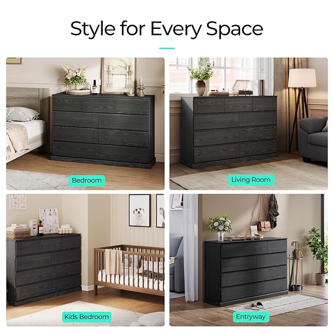 LINSY HOME 9 Drawer Dresser for Bedroom, 53" Wide Chest of Deep Drawers, Modern Farmhouse TV Stand Dressers with Storage, Large Drawer Organizer for Bedroom, Living Room, Handless Design, Black