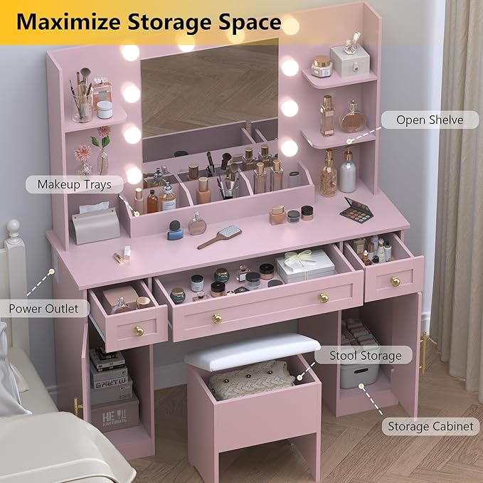 Vanity Desk with Mirror & Lights, Makeup Vanity Table with Charging Station, 3 Lighting Modes, Large Storage Space with Drawers and Shelves, Elegant White Vanity Set for Bedroom Dressing Room