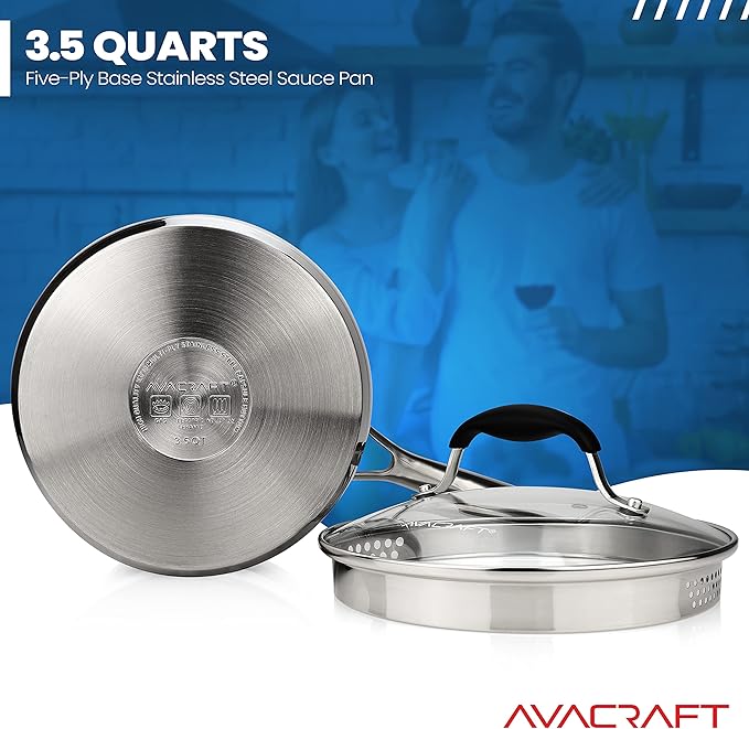 AVACRAFT Stainless Steel Saucepan with Glass Lid, Strainer Lid, Two Side Spouts for Easy Pour with Ergonomic Handle, Multipurpose Sauce Pan, Sauce Pot (5-Ply Capsule Bottom, 3.5 Quart)