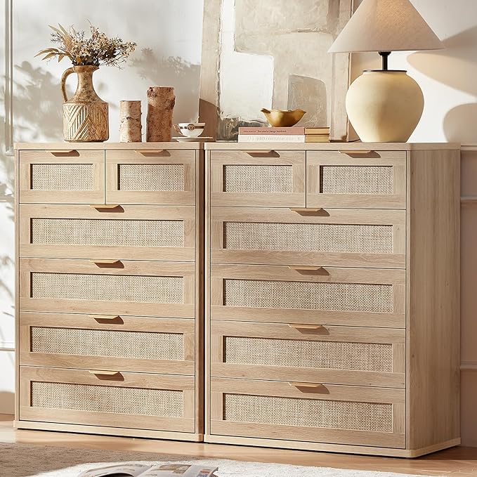 LEYAOYAO Rattan Dresser for Bedroom Set of 2, 41" Tall Chest of Drawers, Modern 6 Drawers Boho Dressers with Storage, Light Oak Dresser Wooden Closet Organizer for Living Room, Hallway, Natural Wood