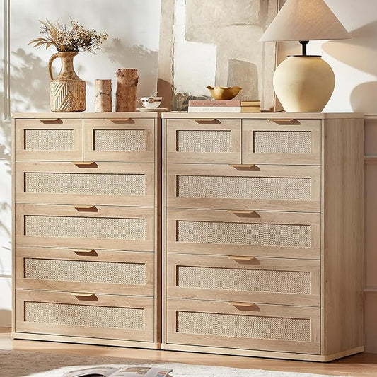 LEYAOYAO Rattan Dresser for Bedroom Set of 2, 41" Tall Chest of Drawers, Modern 6 Drawers Boho Dressers with Storage, Light Oak Dresser Wooden Closet Organizer for Living Room, Hallway, Natural Wood