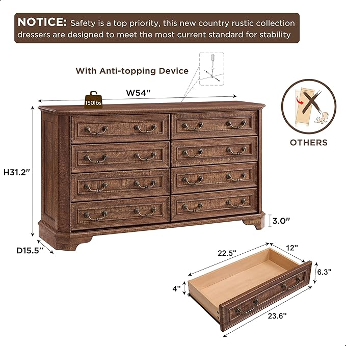 T4TREAM Farmhouse 8 Drawers Dresser for Bedroom, 54" Wide Wood Rustic Chest of Drawers with Natural Texture, Vintage Design, Storage Dressers Organizer for Bedroom, Living Room, Reclaimed Barnwood