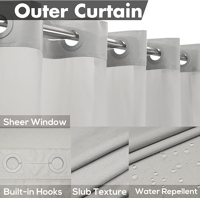 Extra Long No Hook Slub Textured Shower Curtain with Snap-in PEVA Liner Set - 71" x 86"(84"), Hotel Style with See Through Top Window, Grey Fabric Curtain & Waterproof Liner, Gray, 71x86