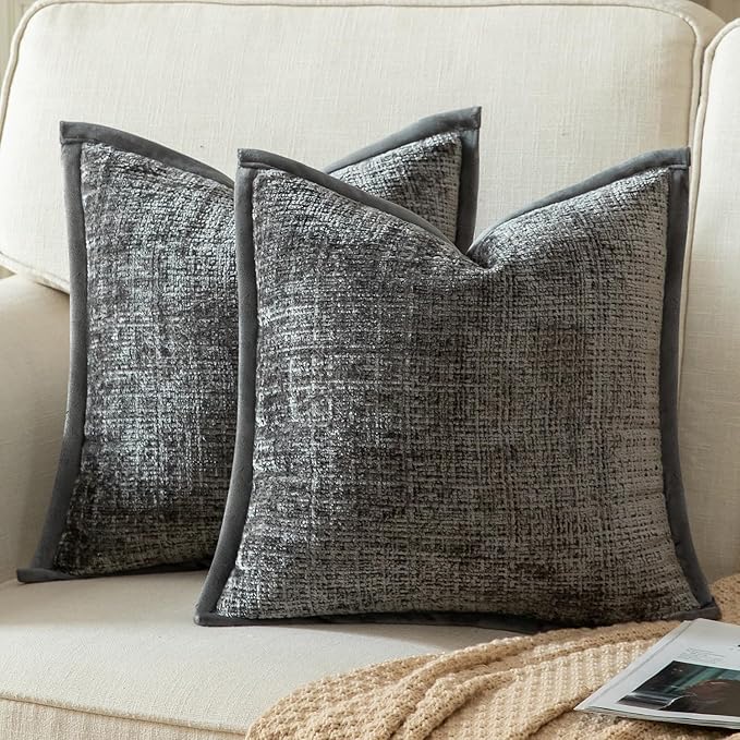 Yaertun Pack of 2 Chenille Textured Decorative Throw Pillow Covers Accent Solid Cushion Cover Soft Cozy Pillow Case with Velvet Back for Couch Sofa Bed Living Room 24x24 Inch Grey