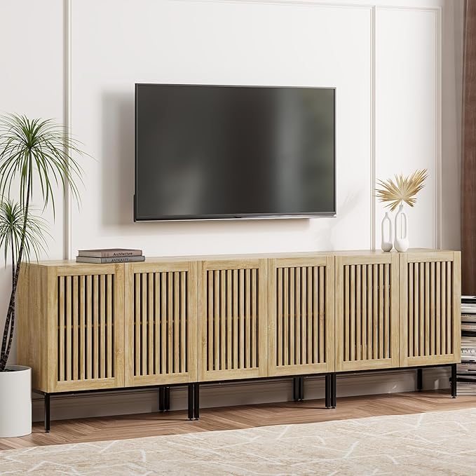 Farmhouse TV Stand for TVs up to 95 inch, 3 in 1 Entertainment Center TV Console with Storage Cabinets and Metal Base,Media Console for Living Room,Oak