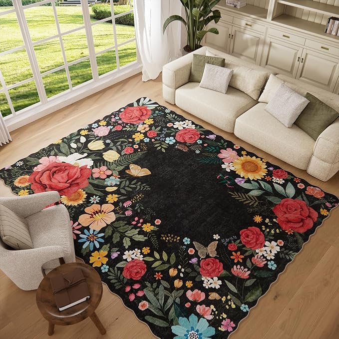8'x10' Washable Rugs for Living Room, Soft Lightweight Non Slip Stain Resistant Dining Room Vintage Boho Floral Black Rug Easy Clean Throw Carpet for Bedroom