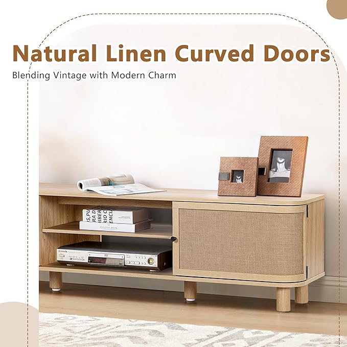 AVZEAR Curved Profile Farmhouse TV Stand for TVs Up to 70 Inches, Mid Century Modern Entertainment Center with Storage & Natural Linen Doors, Large Media Console for Living Room, Bedroom, Natural