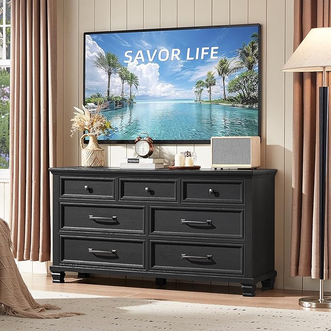 Farmhouse 7 Drawer Dresser for Bedroom, 54” Wide Dresser for Closet, Large Rustic Wooden Dressers, Chest of Drawers for Bedroom, Living Room, Entryway, Black