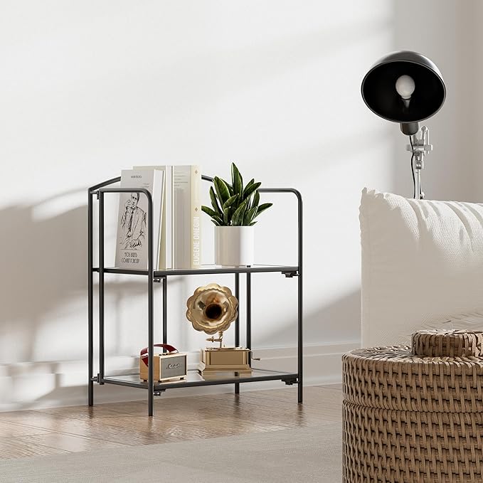 Crofy No Assembly Folding Bookshelf for Living Room, 2 Tier Black Collapsible Book Shelf for Home Office, Portable Bookcase Storage Organizer