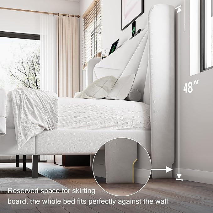 King Size Upholstered Bed Frame with Charging Station, Platform Bed Frame with Storage Headboard, Solid Wood Slats Support, No Box Spring Needed, White