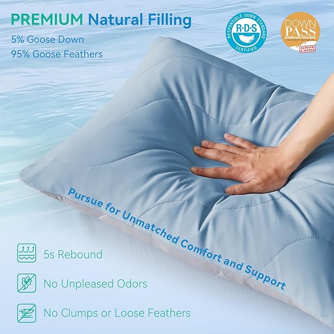 Three Geese Cooling Goose Down Feather Pillows Standard Size for Hot Sleepers, Q-Max>0.45, Hotel Quality Cooling Bed Pillows with Washable Removable Cover for Side Stomach Back Sleepers, 20" x 26"