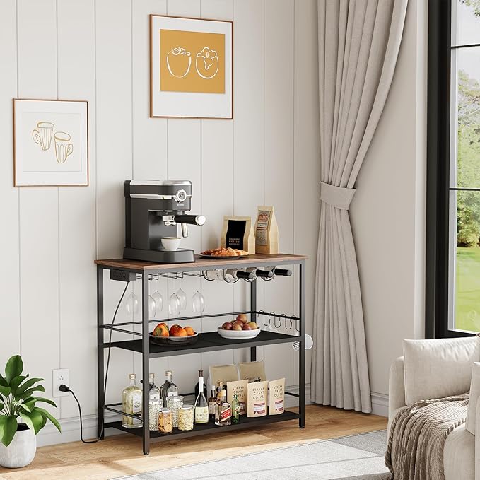 Kitchen Island with 3 Shelves, Kitchen Island with Power Outlet, Kitchens Storage Rack with 4 S Hooks, Microwave Stand Coffee Bar Station for Dining Room, Rustic Brown and Black KIHR92E01