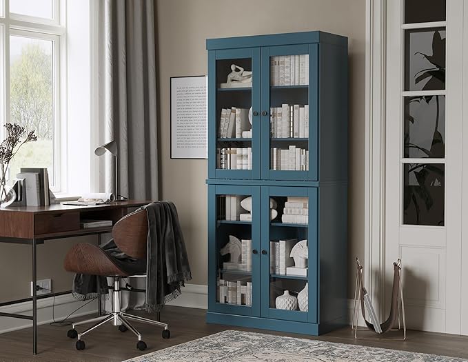 Palace Imports Solid Wood Bookcase - 6-Tier Tall Bookshelf, 71.5” H x 32” W - Teal Blue, Clear Glass Doors & Adjustable Shelves, 100% Renewable Eco-Friendly Wood, Made in Brazil