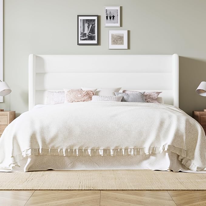 Allewie King Size Platform Bed Frame with Velvet Upholstered Wingback Headboard, No Box Spring Needed, Under Bed Storage Space, Strong Wooden Slats, Modern Mattress Foundation, Easy Assembly, White